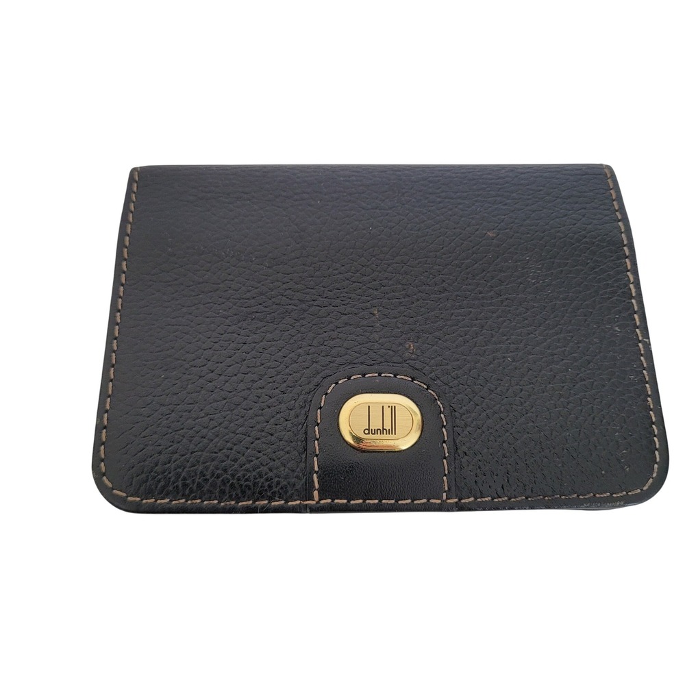 Dunhill Black Pebbled Leather Bifold Card Case Wallet Gold Logo Mens